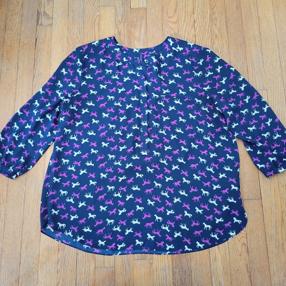 NYDJ XL Henley Blouse Navy Blue Purple Horse Print Pleated Back Sheer Top Whimsy